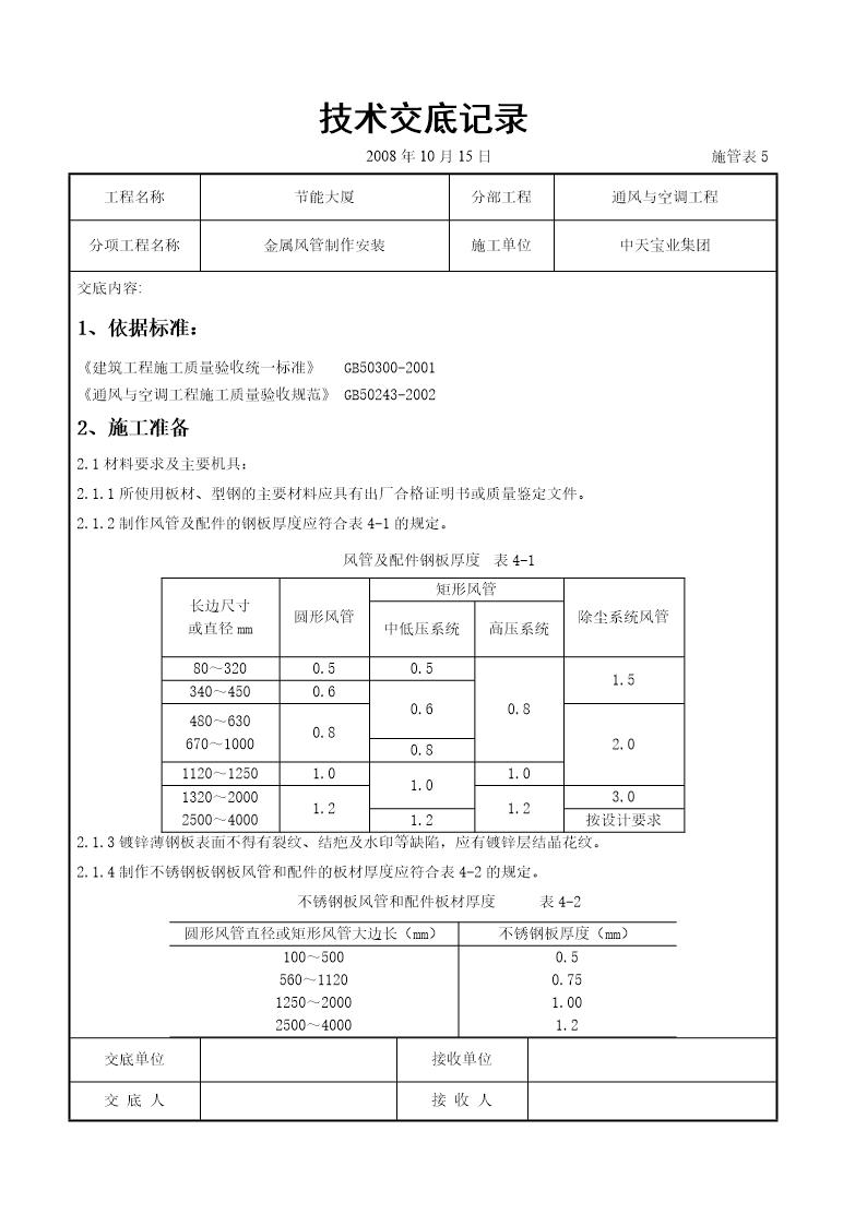 金属风管制作安装施工交底记录