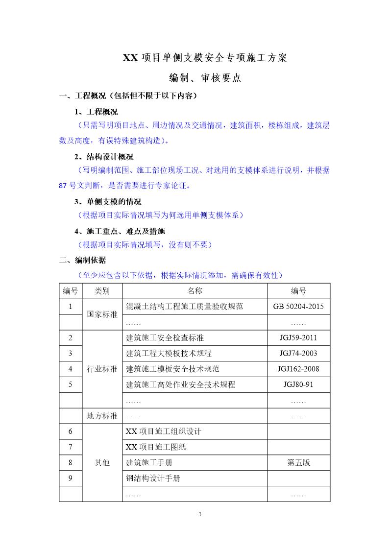 xx项目单侧支模安全专项施工方案编制 审核要点号