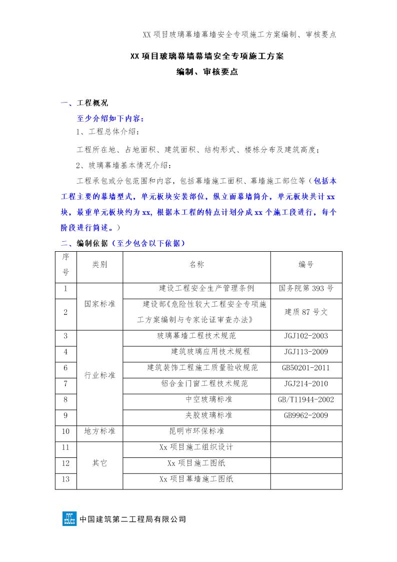 xx项目玻璃幕墙安全专项施工方案编制审核要点号