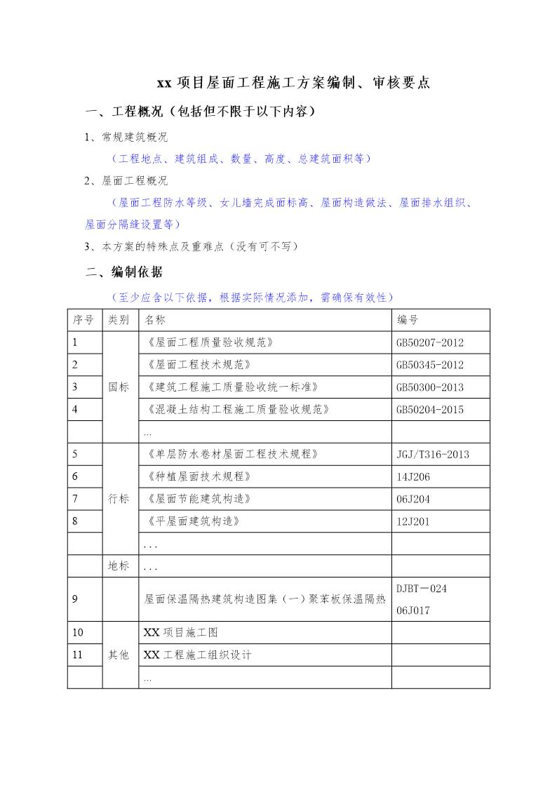 xx项目屋面工程施工方案编制 审核要点号