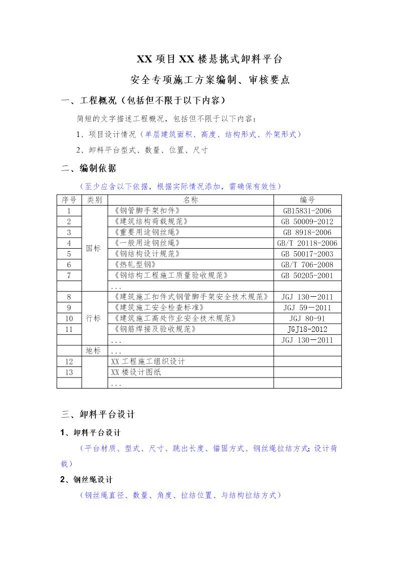 XX项目悬挑卸料平台安全专项施工方案编制 审核要点号