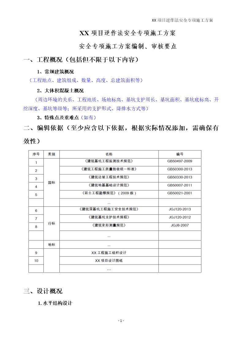 XX项目逆作法安全专项施工方案编制要点号