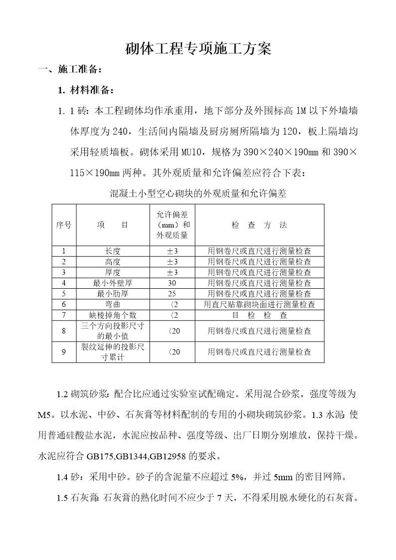 砌体工程专项施工方案