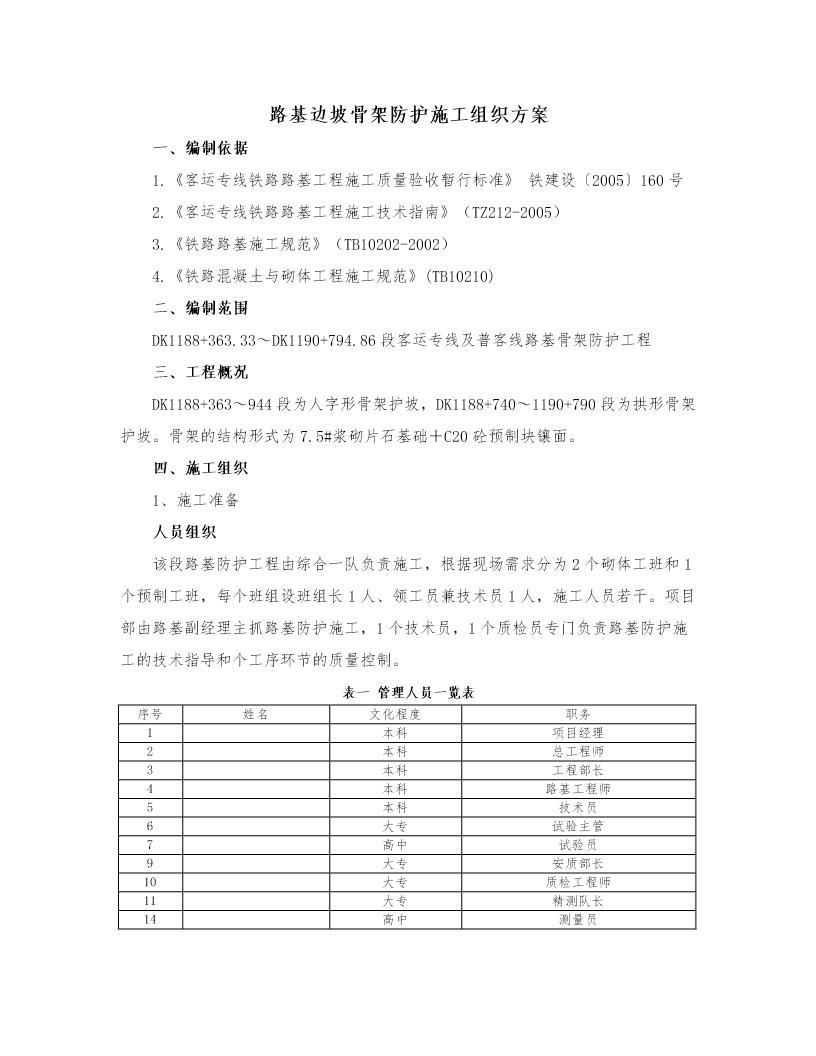 客运铁路专线路基边坡骨架防护施工组织方案