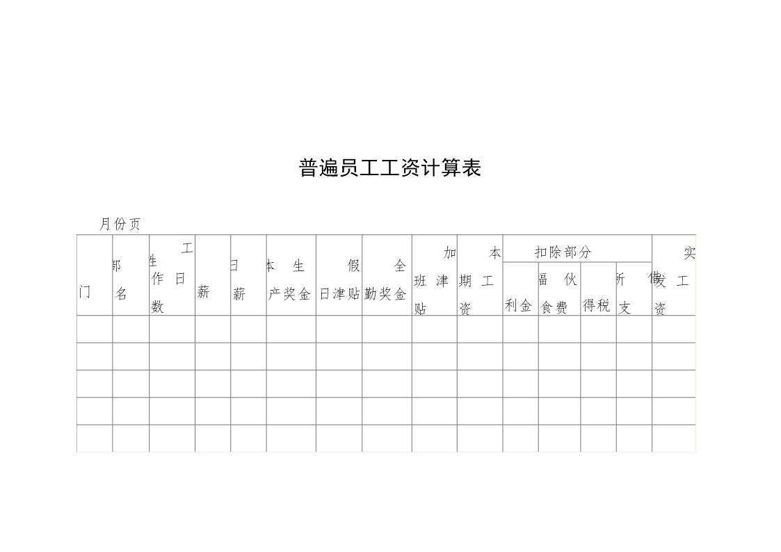 普遍员工工资计算表