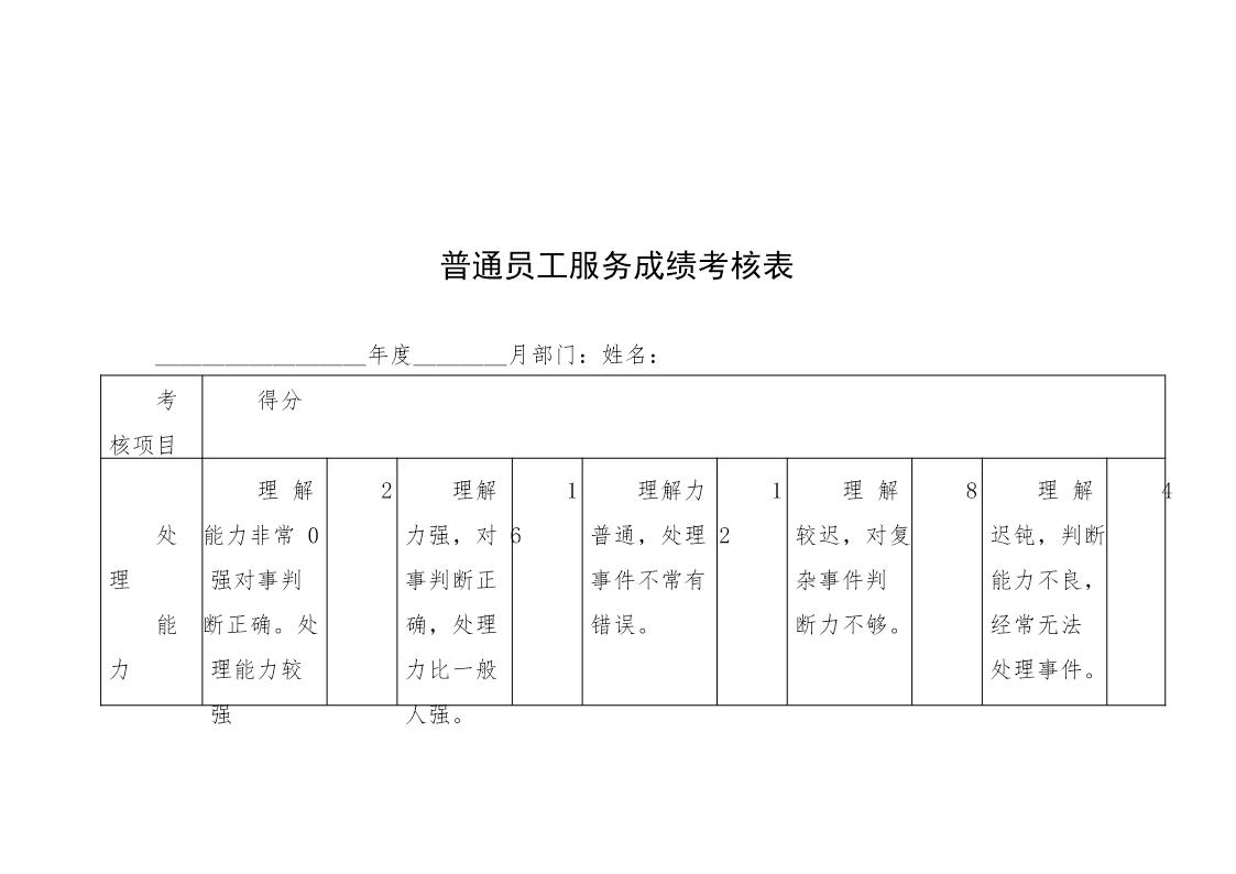 普通员工服务成绩考核表