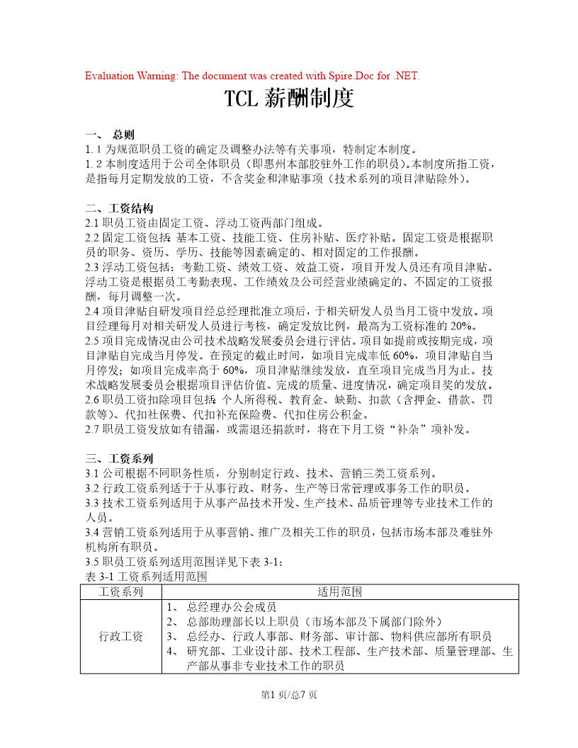 TCL有限公司薪酬制度