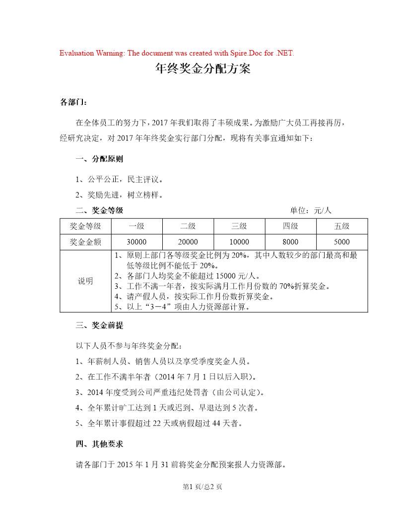 年终奖金分配方案