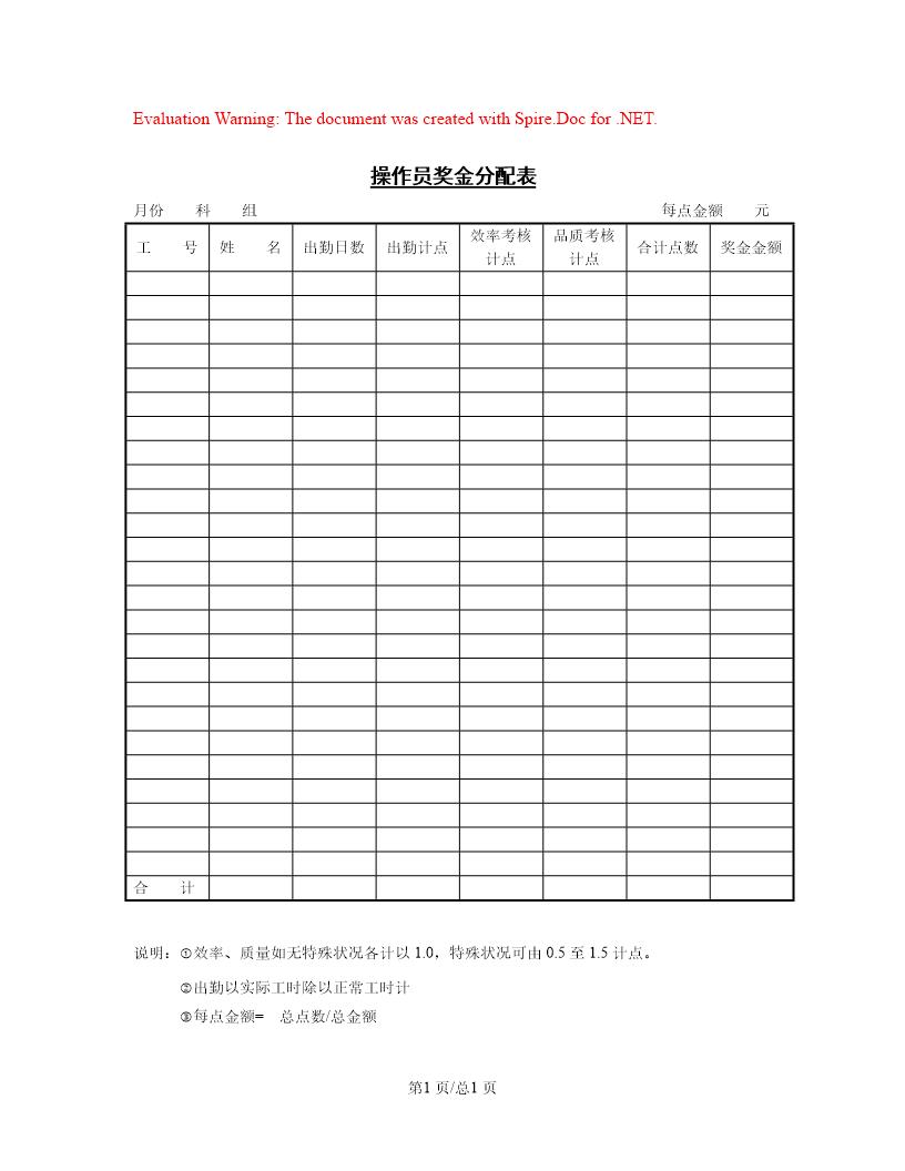 操作员奖金分配表