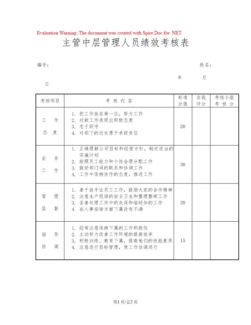 主管经理中层管理人员绩效考核表