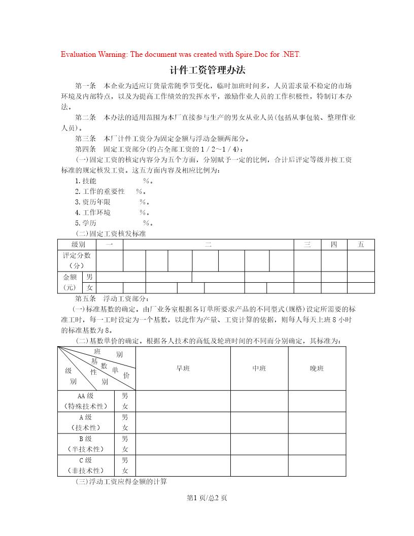 计件工资管理办法