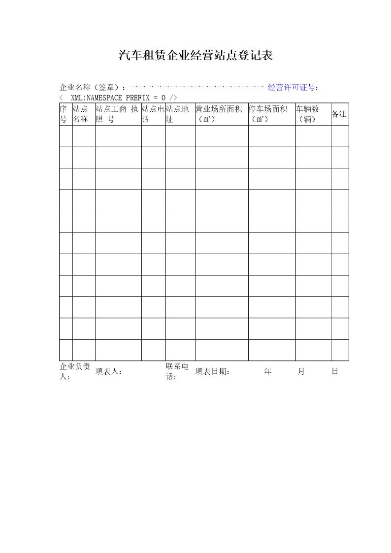 汽车租赁企业经营站点登记表