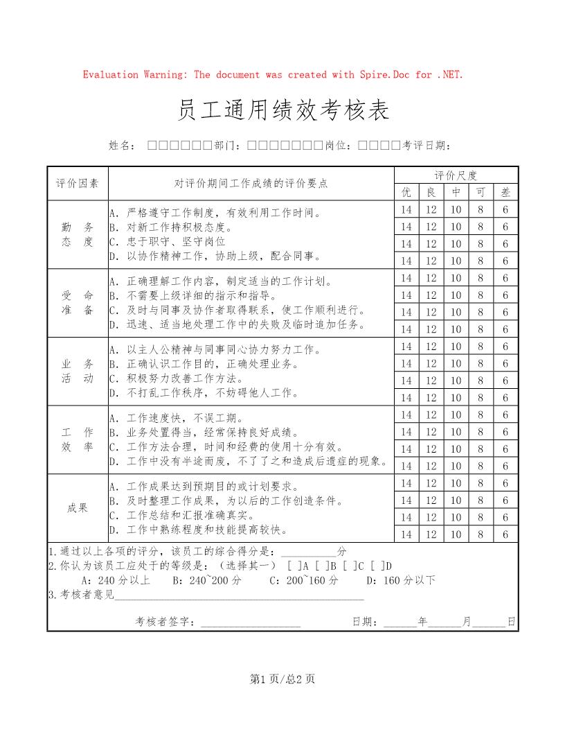 员工通用绩效考核表