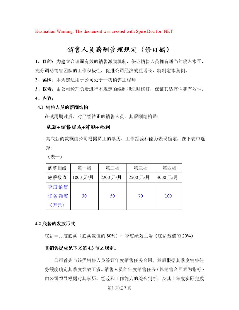 销售人员薪酬管理规定(简版)