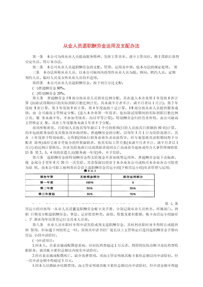 从业人员退职酬劳金运用及支配办法