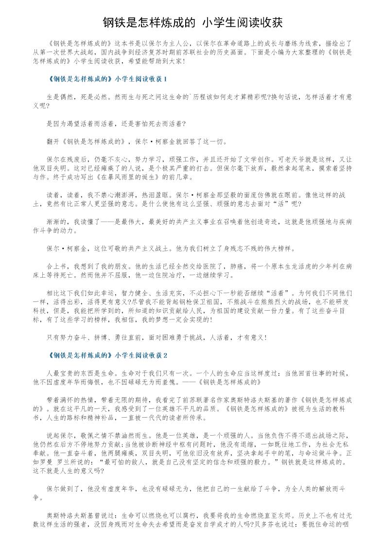 《钢铁是怎样炼成的》小学生阅读收获