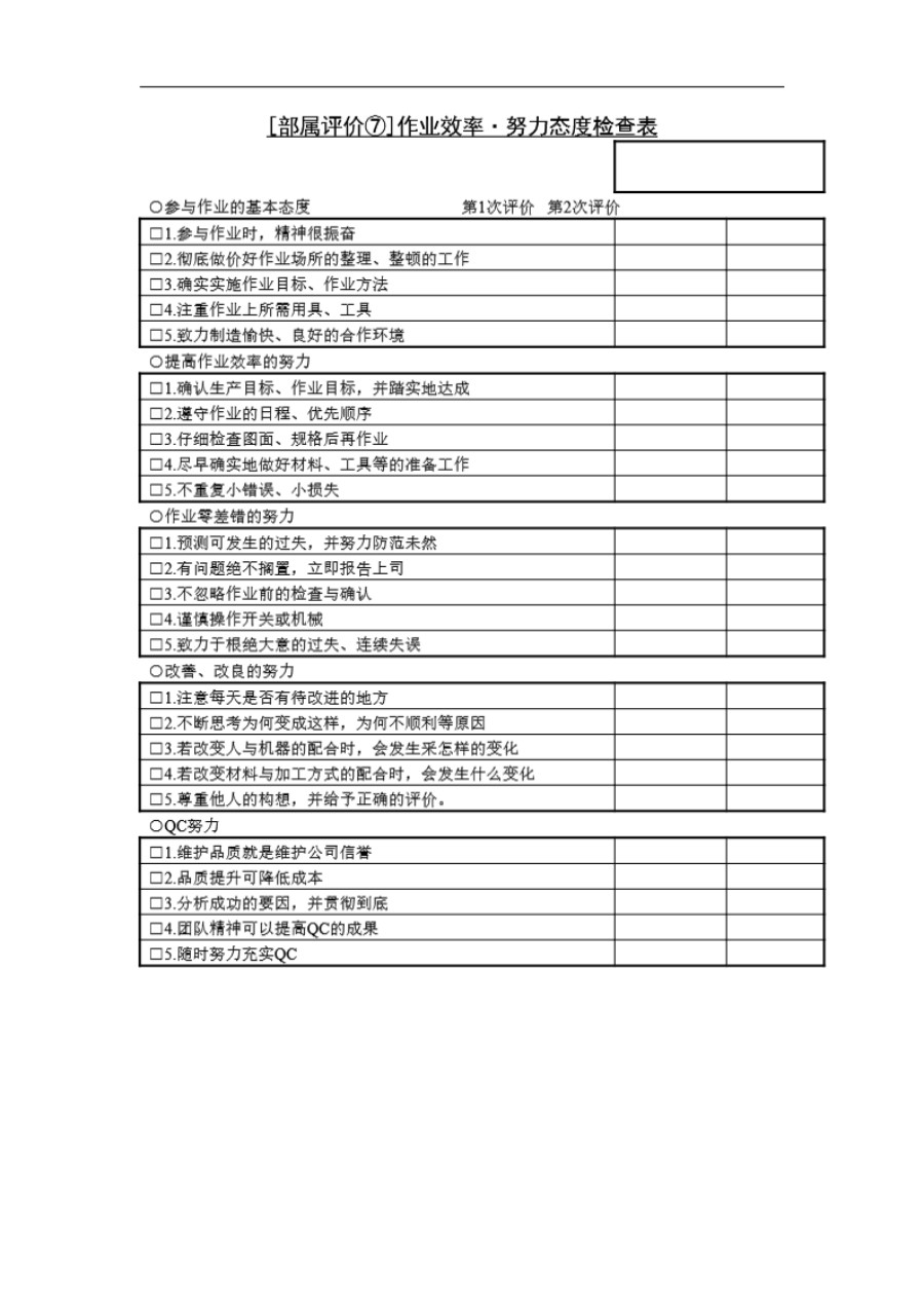 作业效率努力态度检查表