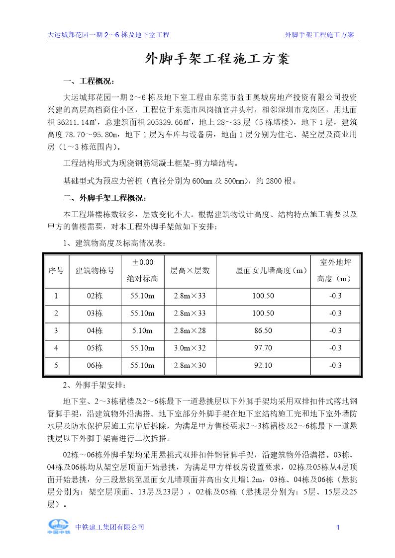 大运城邦花园一期26栋及地下室工程外脚手架工程施工方案