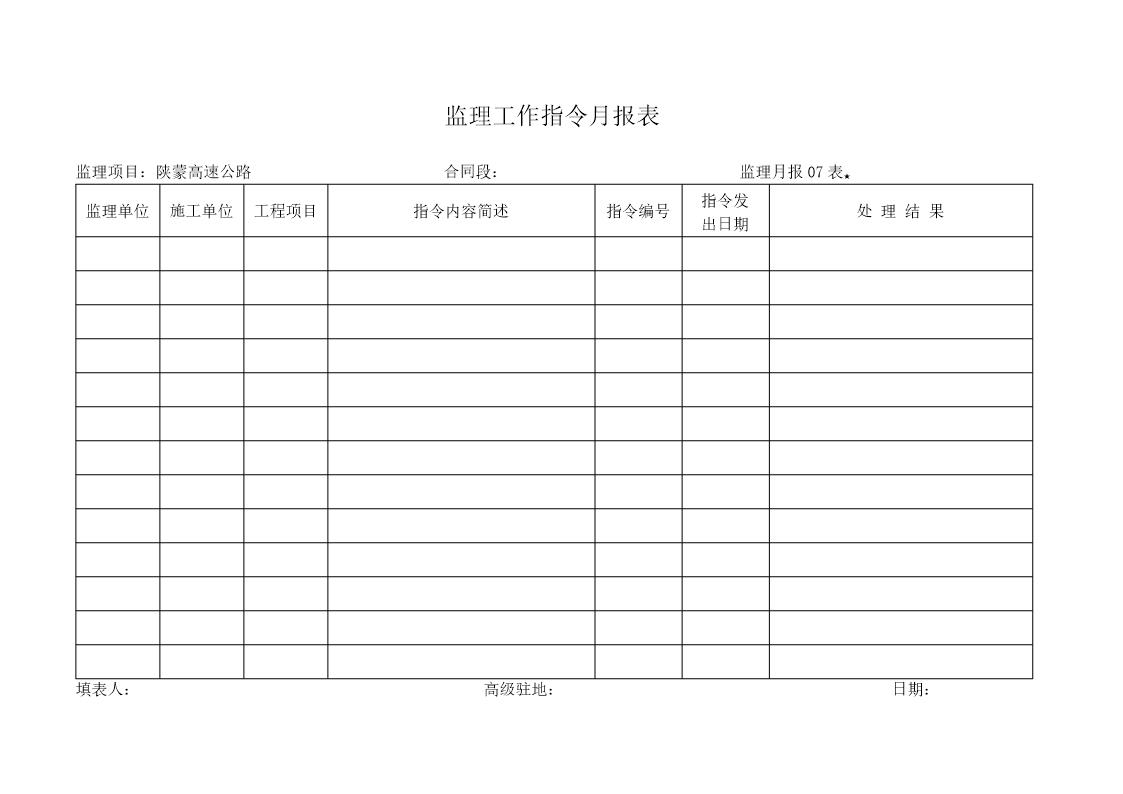 监理工作指令月报表