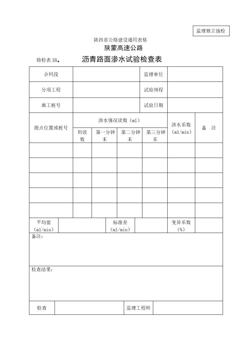 (监理)沥青路面渗水试验检查表