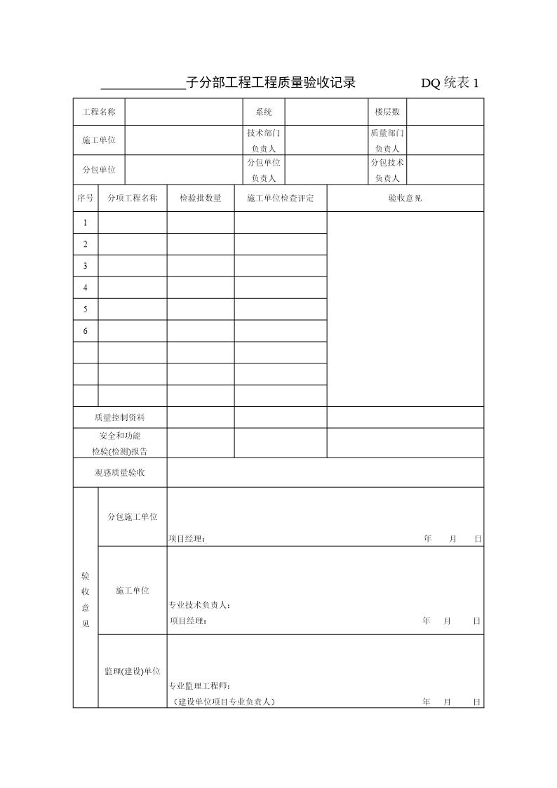 统表子分部工程工程质量验收记录