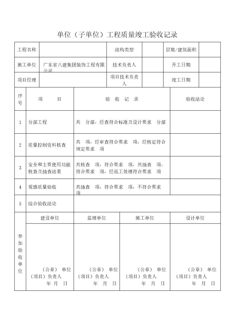 单位(子单位)工程质量竣工验收记录