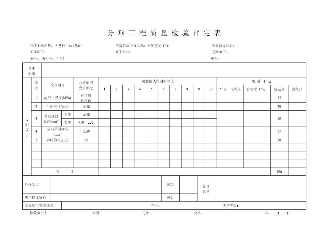 分项工程质量检验评定表大型挡土墙(基础)