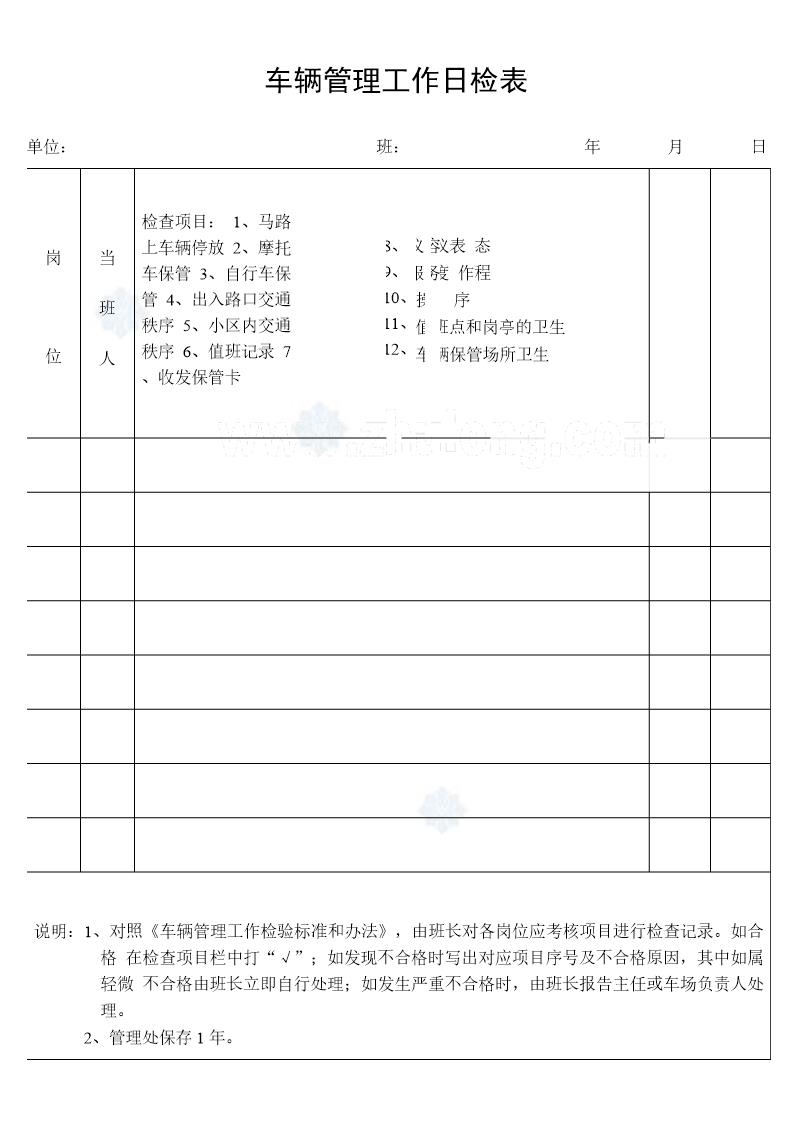 车辆管理工作日检表