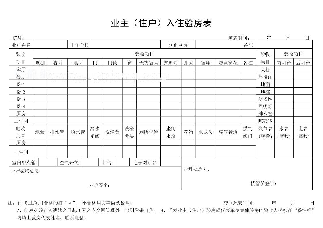 业主(住户)入住验房表