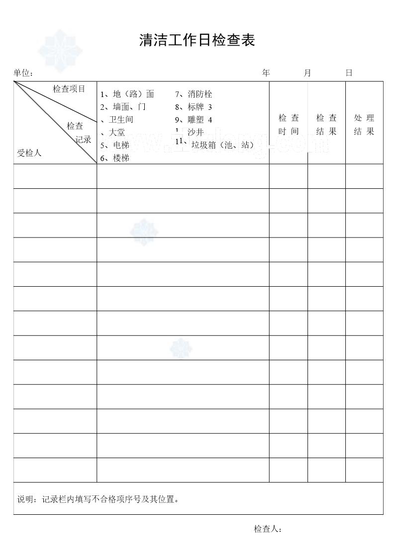 清洁工作日检查表