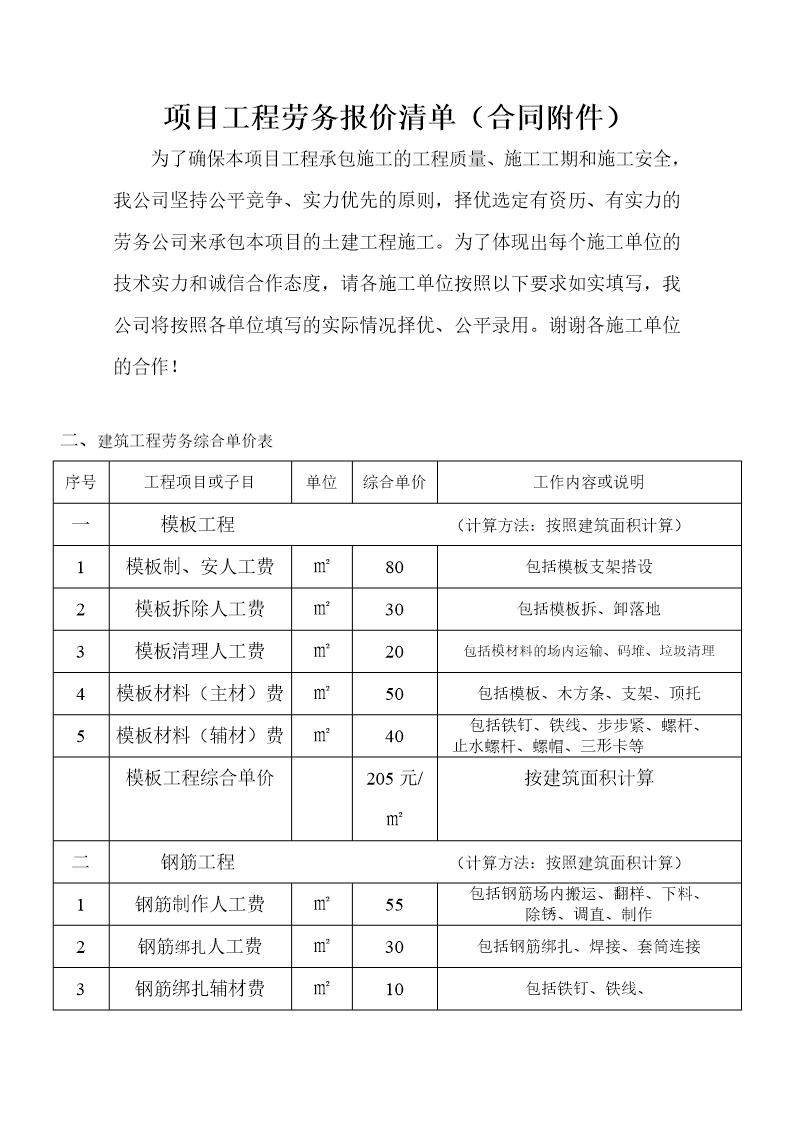 项目工程劳务报价清单