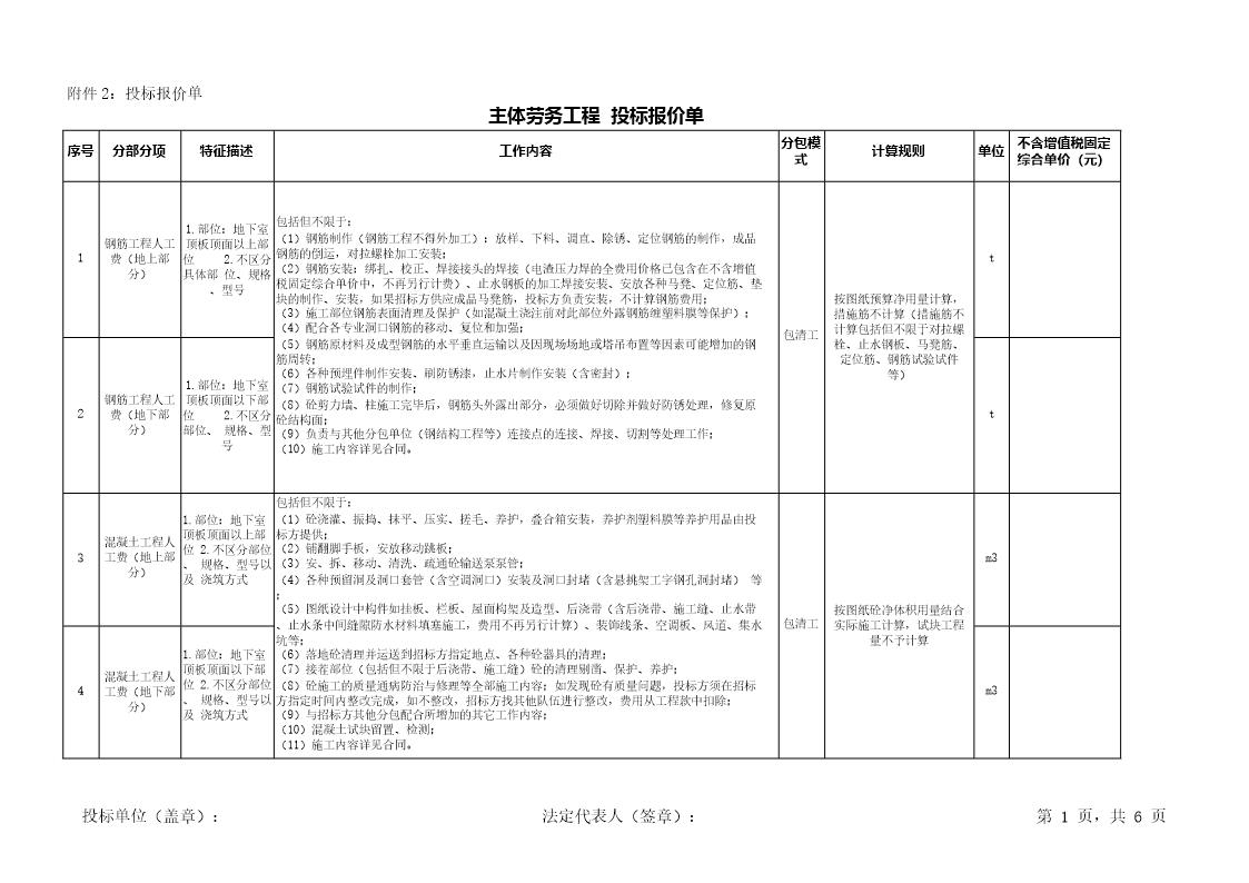 劳务部分报价单