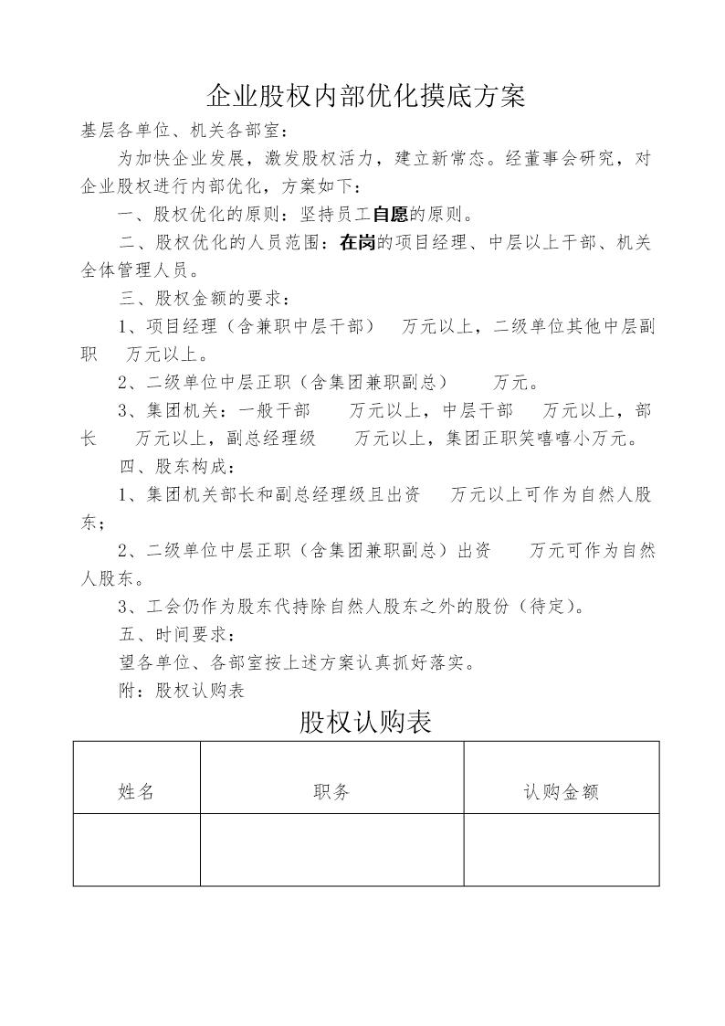 企业股权内部优化摸底方案