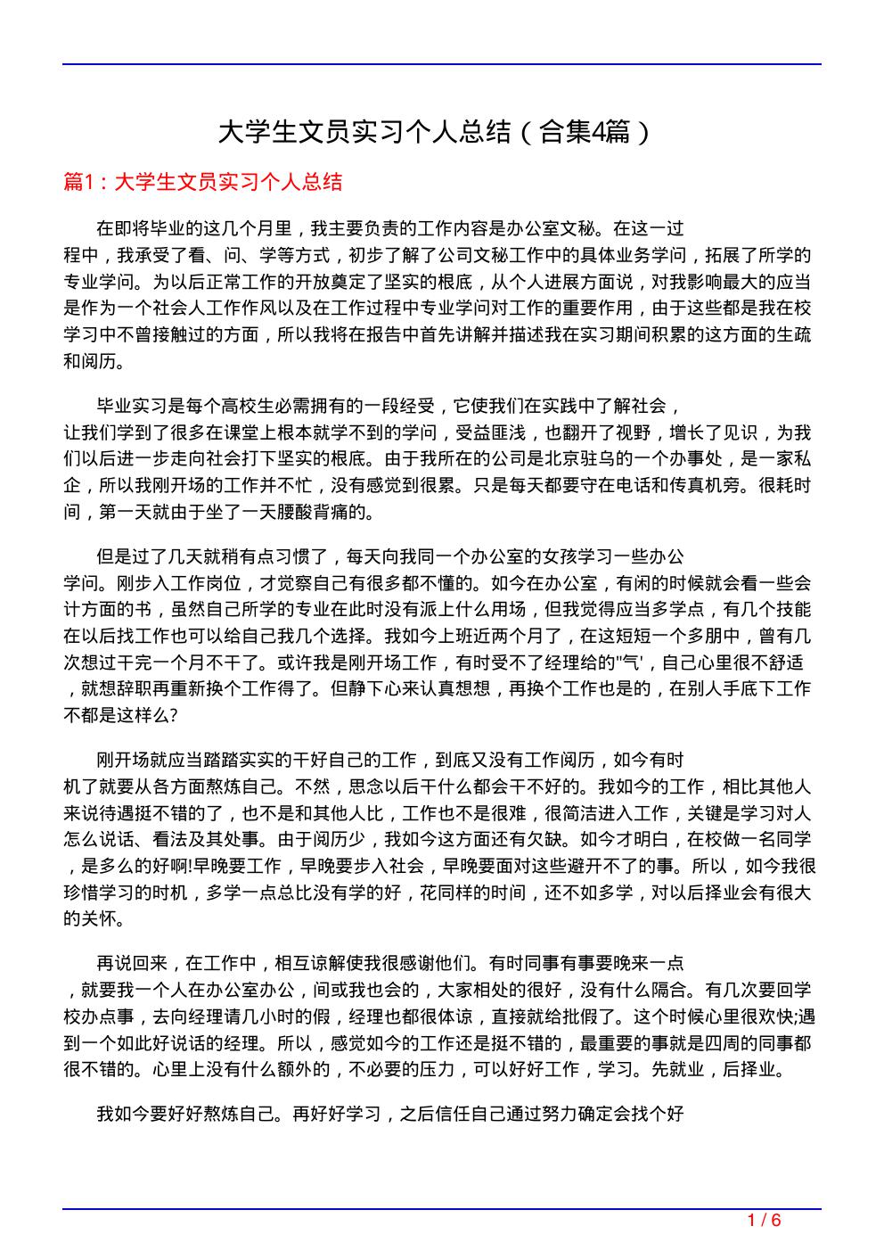 大学生文员实习个人总结