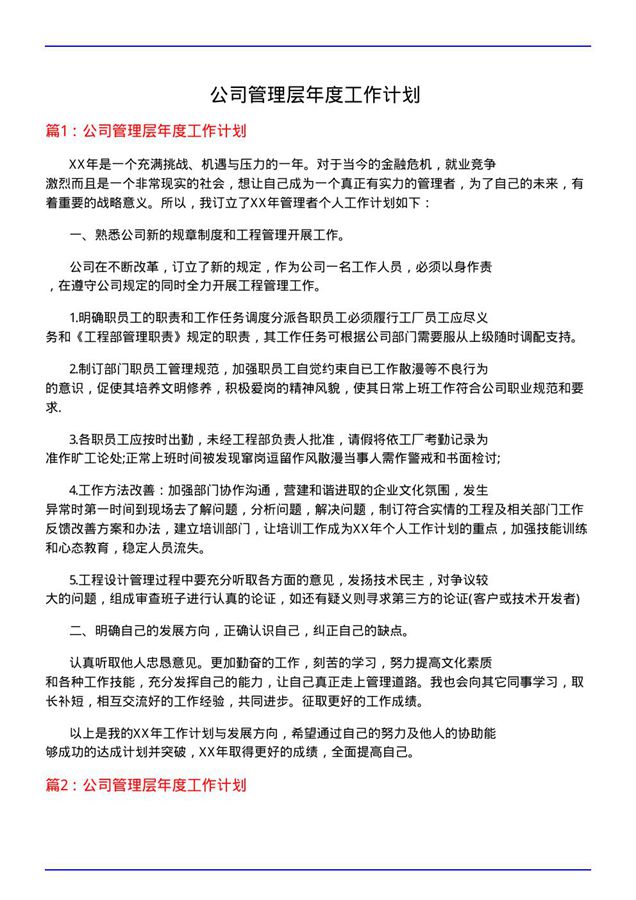 公司管理层年度工作计划