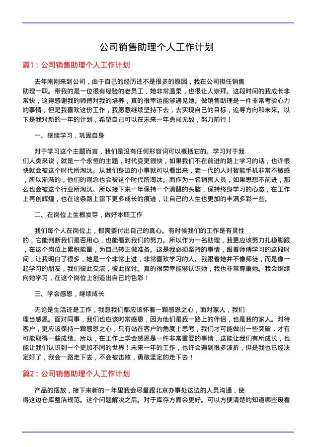 公司销售助理个人工作计划