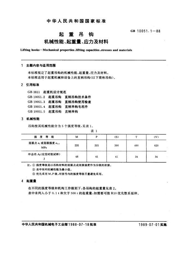 起重吊钩 机械性能、起重量、应力及材料 (GB 10051.1-1988)