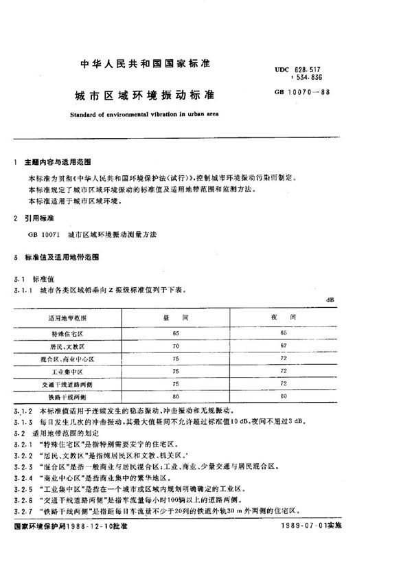 城市区域环境振动标准 (GB 10070-1988)
