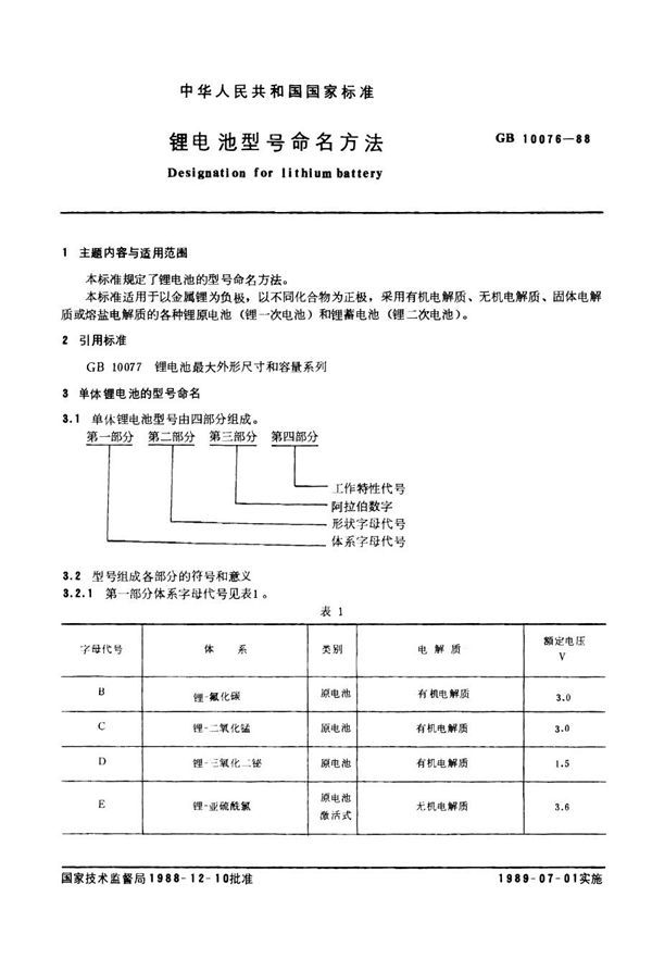 锂电池型号命名方法 (GB 10076-1988)