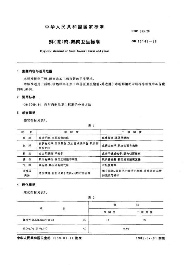 鲜(冻)鸭、鹅肉卫生标准 (GB 10148-1988)