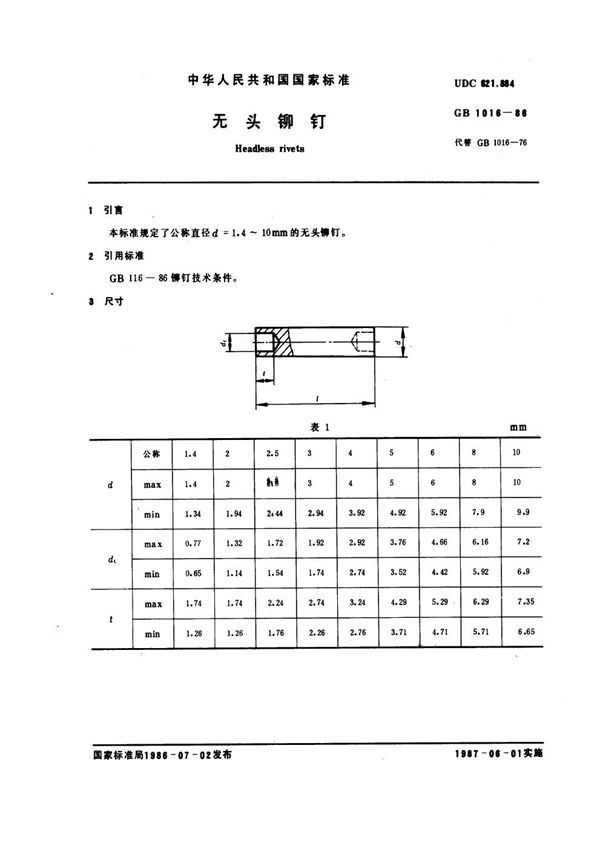 无头铆钉 (GB 1016-1986)