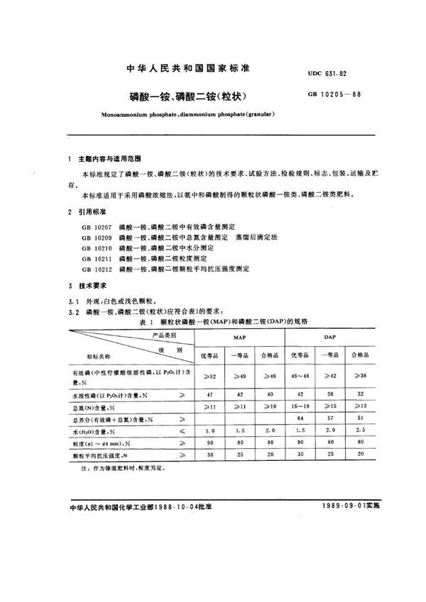 磷酸一铵、磷酸二铵(粒状) (GB 10205-1988)