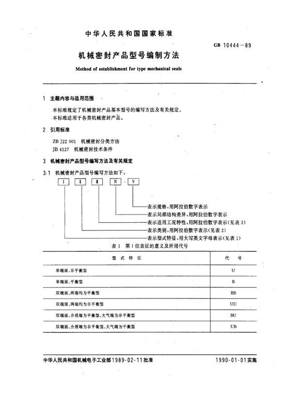 机械密封产品型号编制方法 (GB 10444-1989)