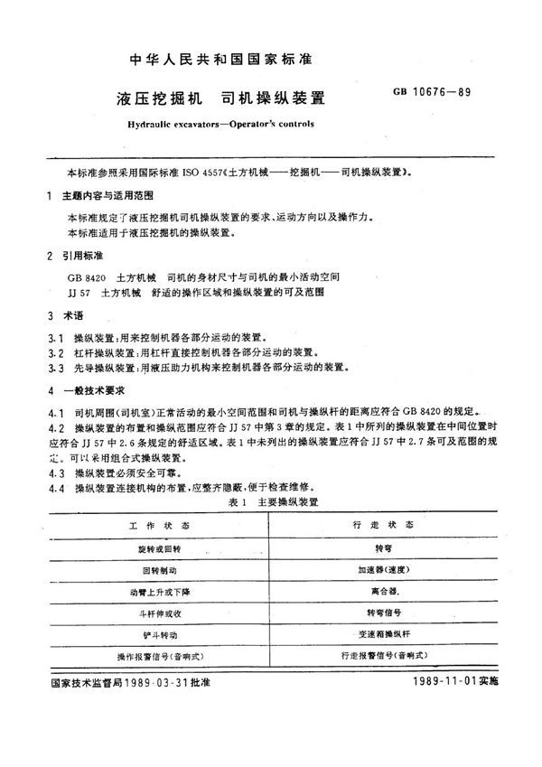 液压挖掘机司机操纵装置 (GB 10676-1989)