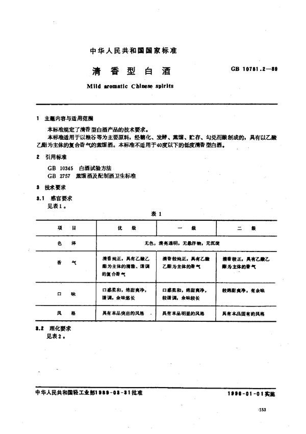 清香型白酒 (GB 10781.2-1989)