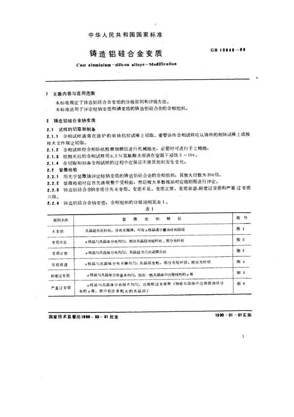 铸造铝硅合金变质 (GB 10849-1989)