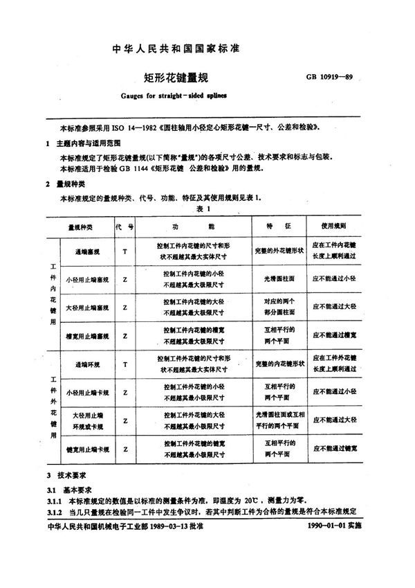 矩形花键量规 (GB 10919-1989)