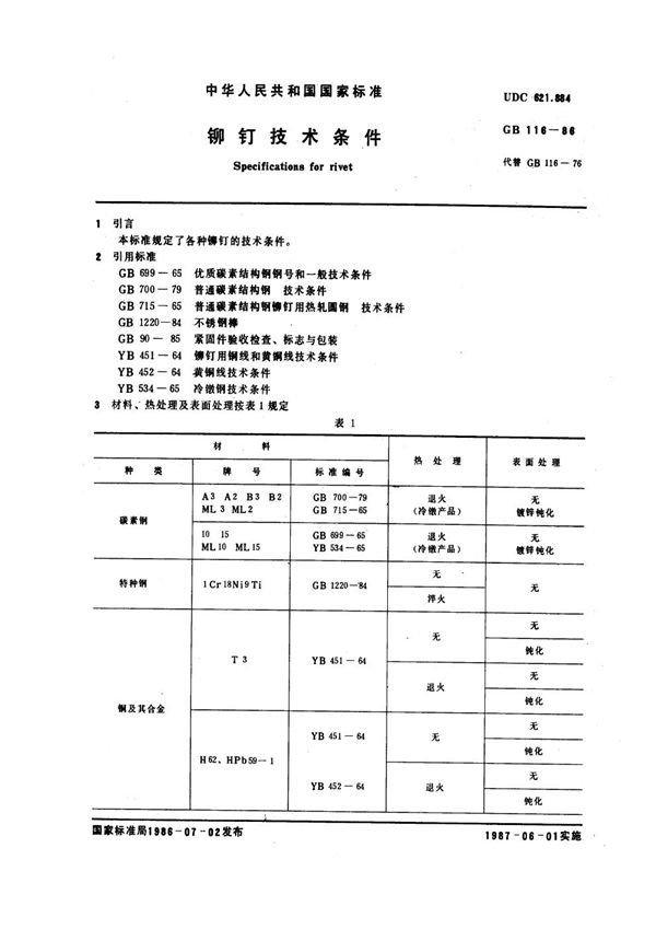 铆钉技术条件 (GB 116-1986)