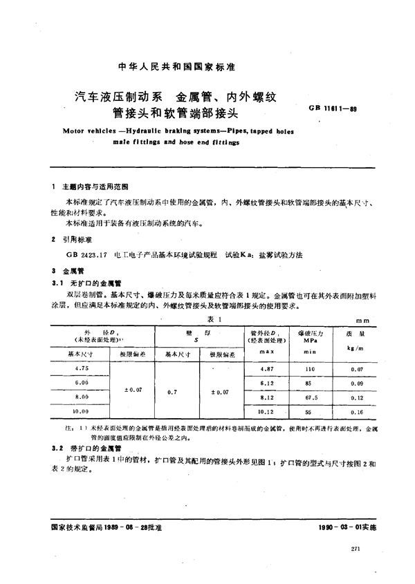 汽车液压制动系 金属管、内外螺纹管接头和软管端部接头 (GB 11611-1989)