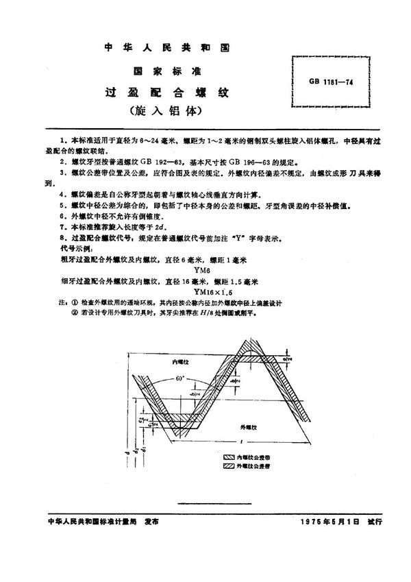 过盈配合螺纹(旋入铝体) (GB 1181-1974)